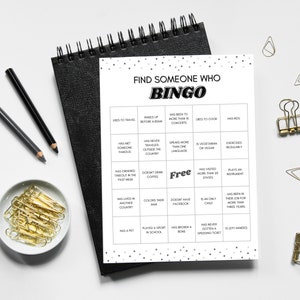 May include: A printable bingo card with the title "Find Someone Who Bingo". The card has 25 squares with different prompts, such as "Likes to cook", "Has been to more than 10 concerts", and "Has a pet".