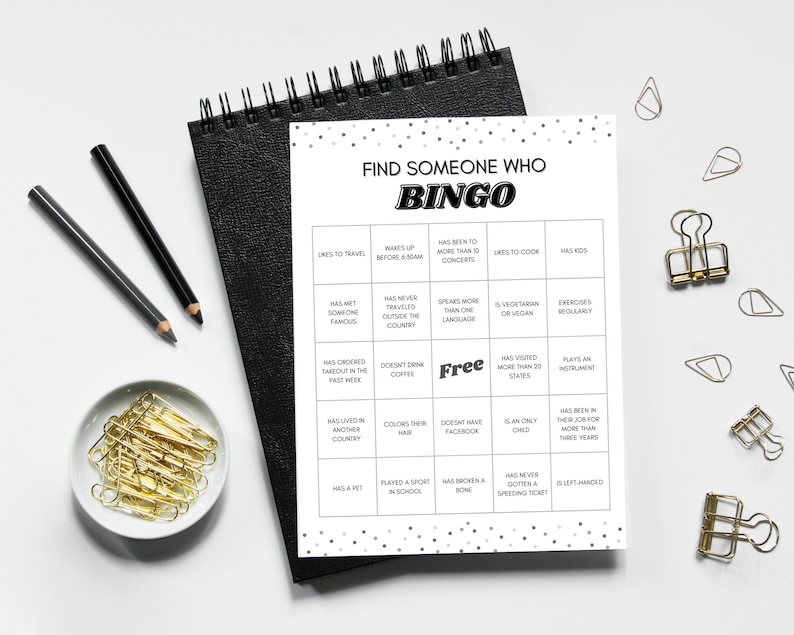 May include: A printable bingo card with the title "Find Someone Who Bingo". The card has 25 squares with different prompts, such as "Likes to cook", "Has been to more than 10 concerts", and "Has a pet".