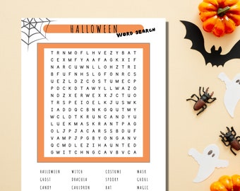 May include: A printable Halloween word search puzzle with an orange background. The puzzle features words related to Halloween, such as "witch", "ghost", "vampire", "bat", "candy", and "cauldron".