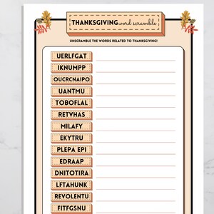 Thanksgiving word scramble printable party game is shown. Directions state to unscramble the words related to Thanksgiving. A list of scrambled words are then shown on a sheet with an understated Fall design.
