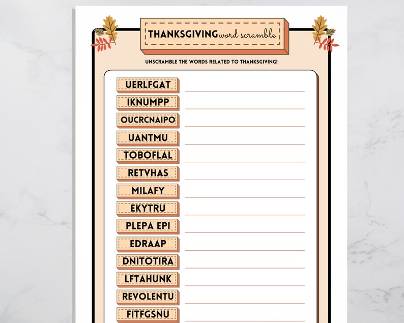 Thanksgiving word scramble printable party game is shown. Directions state to unscramble the words related to Thanksgiving. A list of scrambled words are then shown on a sheet with an understated Fall design.