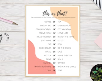 This or That Printable Game | Would She Rather Game | Virtual Work Happy Hour Activity | Fun Digital Office Game | Instant Download