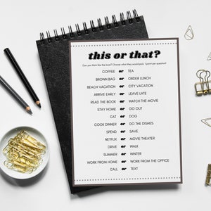 May include: A printable "This or That?" game with 14 questions. Each question has two options, such as "Coffee or Tea" and "Beach Vacation or City Vacation".
