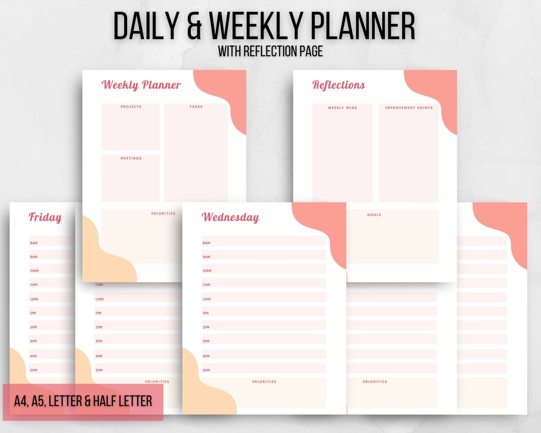 Weekly Planner Printable, Reflection Journal Page Printable, Hourly Schedule Daily Planner Time ...