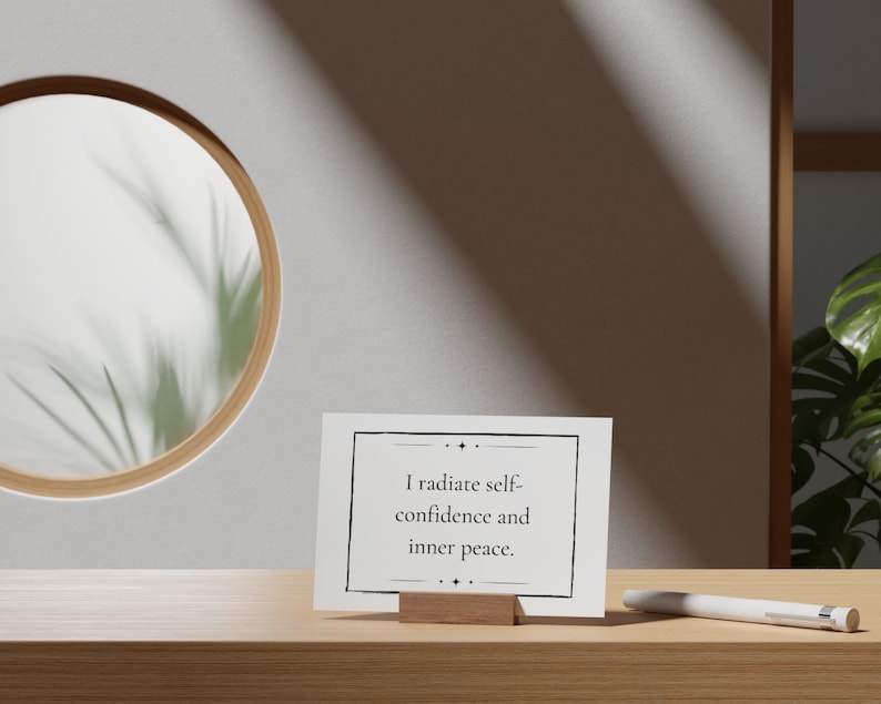 A self-confidence and peace mantra is shown next to a round mirror and green plant in a relaxing image.