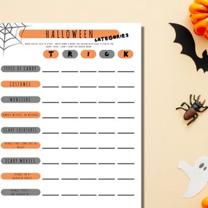 Halloween Categories work or classroom icebreaker activity is displayed on a pale orange Halloween-themed background with pumpkins, bats, ghosts, and spiders. This printable party game is shown with all of the Halloween-related categories listed.