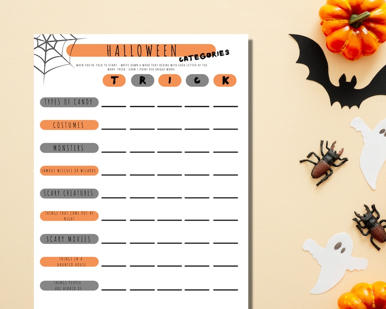 Halloween Categories work or classroom icebreaker activity is displayed on a pale orange Halloween-themed background with pumpkins, bats, ghosts, and spiders. This printable party game is shown with all of the Halloween-related categories listed.