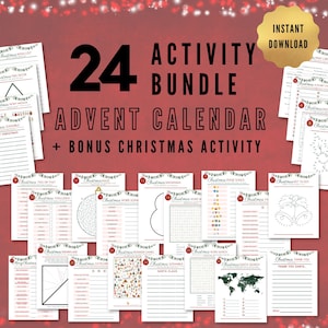 Peut inclure: Un lot d'activités de calendrier de l'avent imprimable avec 24 activités différentes sur le thème de Noël, y compris des mots croisés, des labyrinthes, des points à relier, et plus encore. Le lot comprend également une activité de Noël bonus.