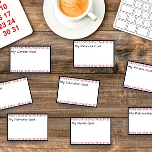 May include: A set of eight blank cards with red and white striped borders. Each card has a different goal written on it, such as "My Career Goal", "My Financial Goal", and "My Health Goal".