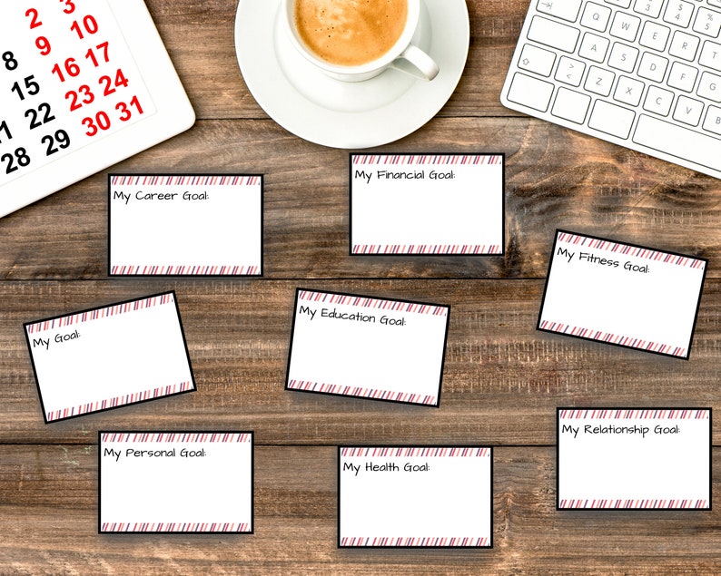 May include: A set of eight blank cards with red and white striped borders. Each card has a different goal written on it, such as "My Career Goal", "My Financial Goal", and "My Health Goal".