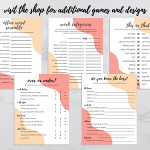 May include: A set of printable office games with pink and orange backgrounds. The games include "Office Word Scramble", "Work Categories", "This or That?", "Over or Under?", and "Do You Know the Boss?"