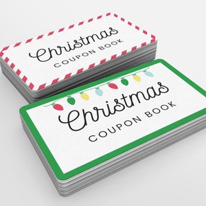 May include: Two stacks of Christmas coupon books. The top stack has a red and white striped border. The bottom stack has a green border with a string of colorful lights.