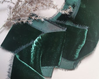 Deep Forest Green Silk Velvet Ribbon - Hand Dyed Silk Velvet Ribbon, Bouquet Silk Velvet Ribbon