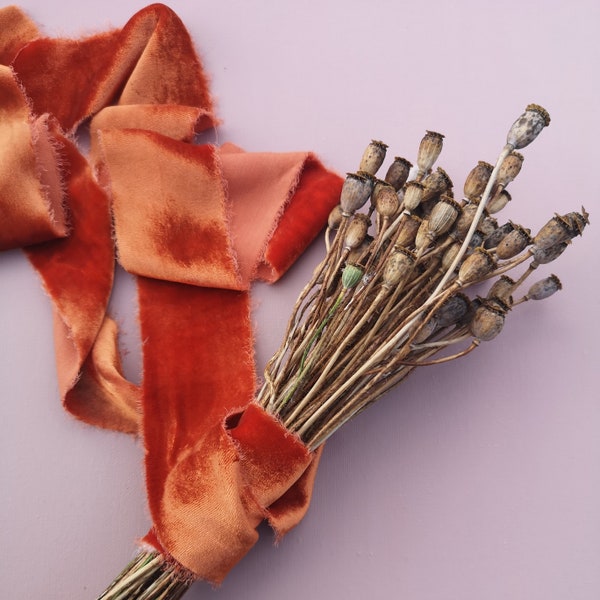 Burnt Orange Silk Velvet Ribbon - Hand Dyed Silk Velvet Ribbon, Bouquet Silk Velvet Ribbon