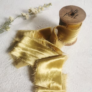 Golden Silk Velvet Ribbon - Hand Dyed Silk Velvet Ribbon, Bouquet Silk Velvet Ribbon