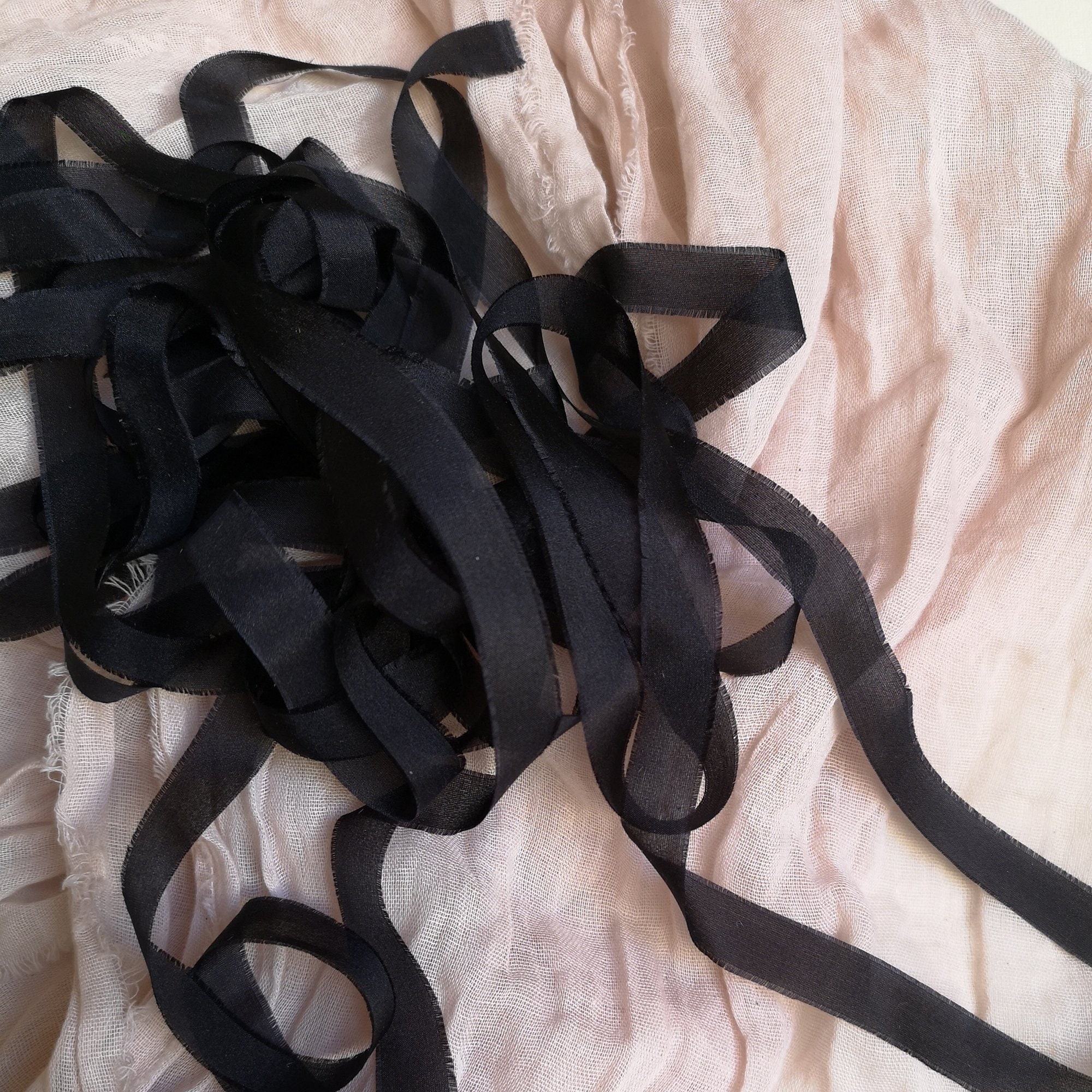 Jet Black Luxe Pure Silk Ribbon - Hand Dyed Silk Ribbon, Bouquet Silk Ribbon