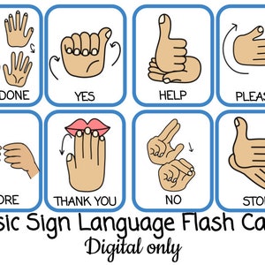 Basic Sign Language DIGITAL pack. 16 sign language cards, ASL