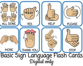 Basic Sign Language DIGITAL pack. 16 sign language cards, ASL