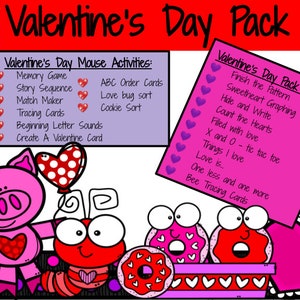 Paquete de aprendizaje de alfabetización y matemáticas para el día de San Valentín para preescolar y jardín de infantes