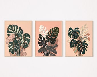 Set of 3 Monstera Art Prints, Tropical Leaf, Printable Download, Monstera Leaf Print, Monstera Print, Monstera Wall Art, Plant Printable Art