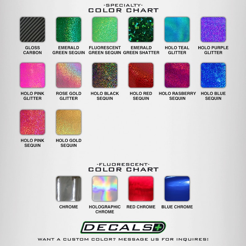 K&ouml;nnte beinhalten: Farbtabelle mit verschiedenen Spezial- und Fluoreszenz-Oberfl&auml;chen, darunter Gloss Carbon, Emerald Green Sequin und Chrom. Die Tabelle zeigt eine Reihe von Farben und Texturen, mit dem Text "DECALS+" unten.