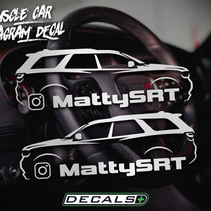 May include: Two white vinyl decals featuring a stylized SUV design with the Instagram handle "MattySRT." The decals are set against a dark interior background, with the text "Muscle Car Instagram Decal" at the top and "Decals+" at the bottom.