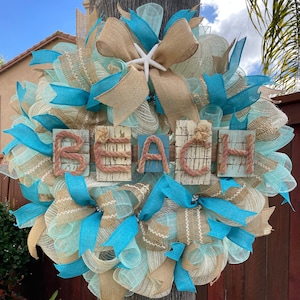 Coastal Beach Wreath: Sea Green Mesh, Farmhouse Door Decor