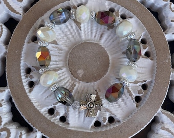 Beaded Cross Stretch Bracelet: Silver Christian Stacking Bracelet