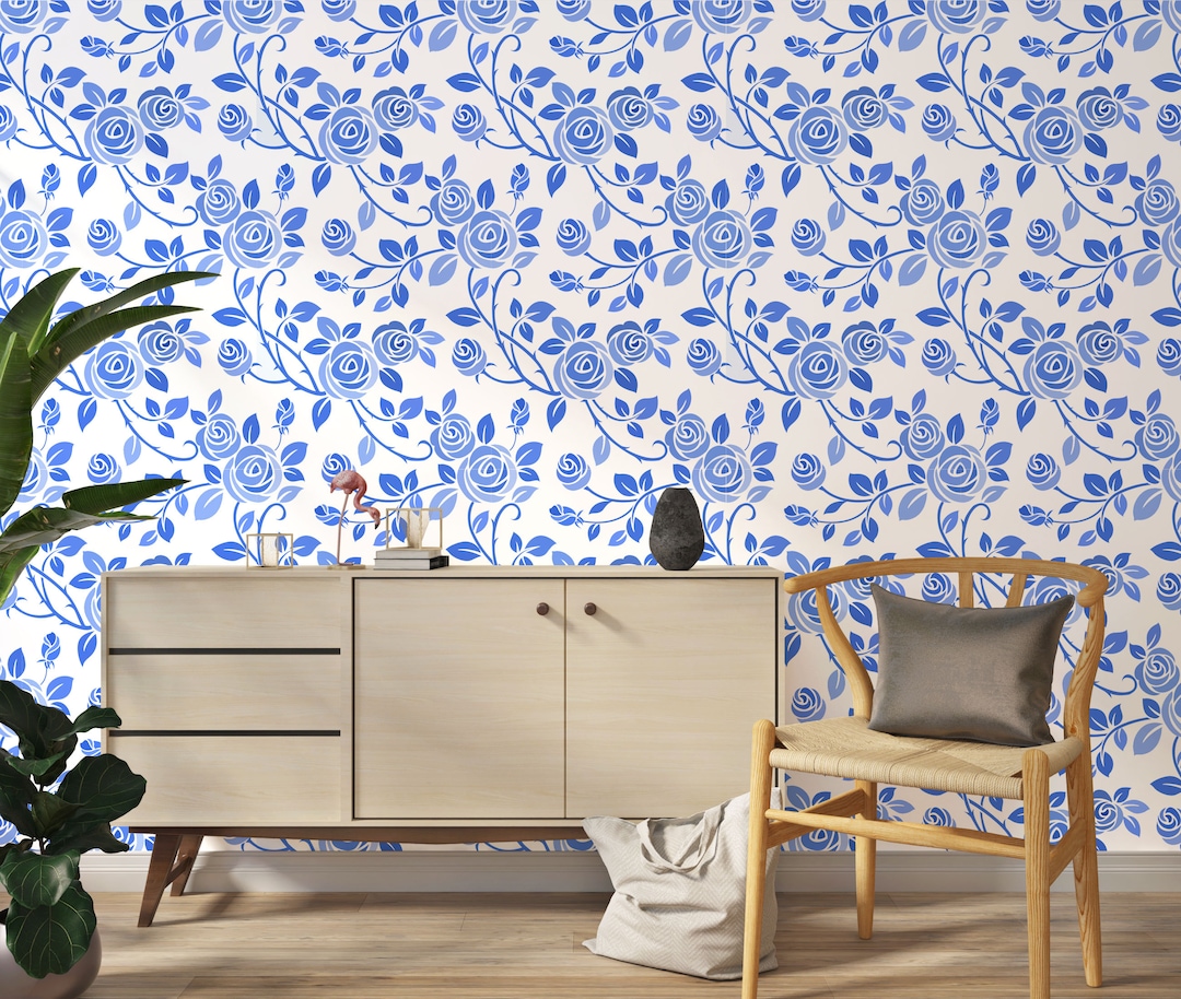 Blue Rose Wallpaper Peel and Sticker Roses Blue Rose Wall Etsy