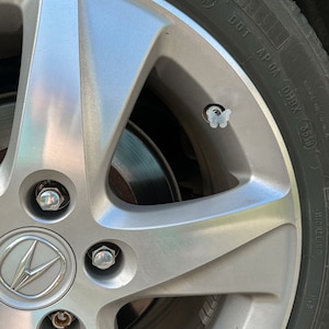 May include: Close-up of a silver car wheel with a butterfly valve stem cap. The tire is black and has the text "DOT AP04 OR9X 3619" on the side.