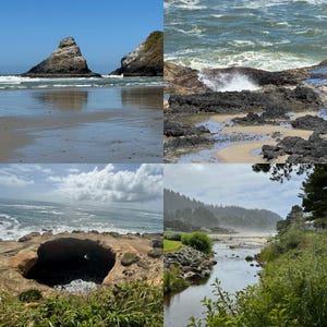 May include: A four-panel image showcasing coastal landscapes. The top left features two large rock formations on a sandy beach under a blue sky. The top right shows waves crashing against rocks. The bottom panels depict a sea cave and a river.