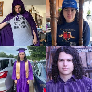 May include: A collage of four images featuring a person in different settings. One image shows the person wearing a purple hooded cape and a gray t-shirt with the text "I PAUSED MY GAME TO BE HERE." Another shows the person wearing a blue cap with the text "PLEASE BE PATIENT I HAVE AUTISM."