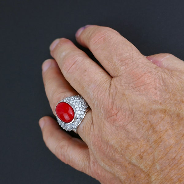 Very Showy Sterling Dinner Ring with Rhinestones and Coral Coloured Stone