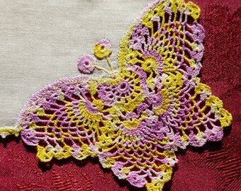 Linen Handkerchief with Crocheted Butterfly Corner Decoration