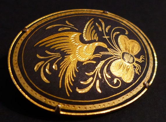 Vintage Oval Damascene Brooch - image 3