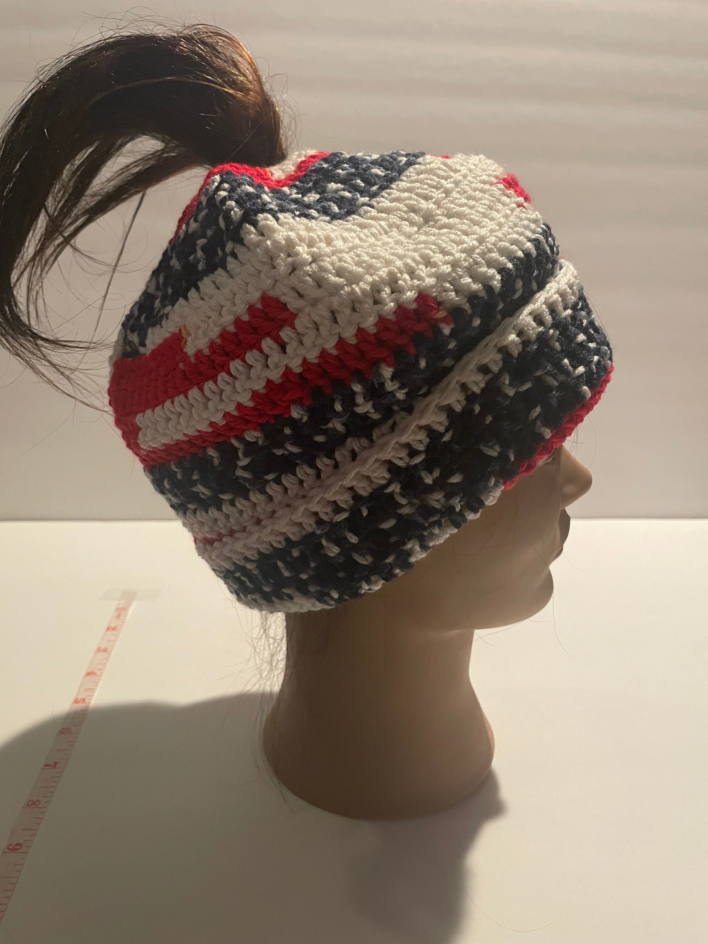 Red White Blue Ponytail Holder Beanie 