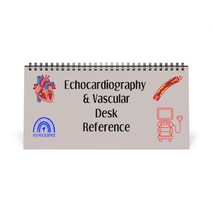 May include: A desk reference titled "Echocardiography & Vascular Desk Reference". The cover displays illustrations of a heart, a rainbow, a blood vessel, and an ultrasound machine. The reference is spiral-bound.