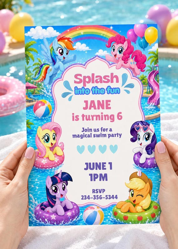 My Little Pony Swim Party 5x7 Digital Editable Template Invitation