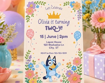 Bluey Birthday Invitation, Floral Girls Party Invite, Editable Canva Template (Digital Download)