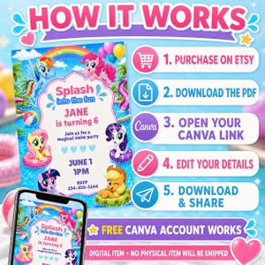 May include: A digital birthday invitation template featuring My Little Pony characters in a pool setting with a rainbow. The text reads: Splash into the fun, JANE is turning 6, Join us for a magical swim party, JUNE 1, 1PM, RSVP 234-356-5344. Includes a five-step guide.