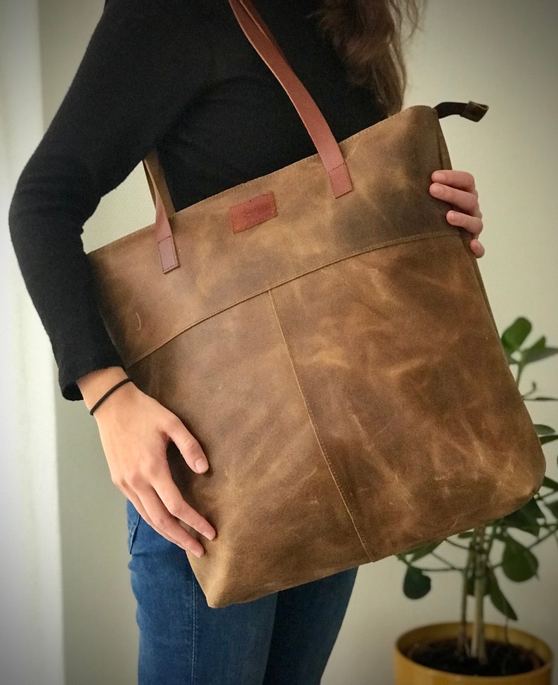 Shopper Bag Leather Spacious Zipper Sustainable Handmade - Shopping Off-Cuts Gift Eco-Friendly Bag Practical