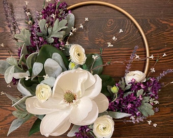 Summer Wreath in Clean Lavender and Magnolia | Hoop Wreath | Farmhouse Wreath | Spring Decor | Country Wreath | Colorful Summer Wreath