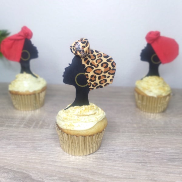 Cute Cupcake Toppers: African women Silhouette (Cheetah Print)