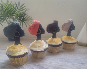African Woman Silhouette Cupcake Toppers: Earth Tone Headwraps