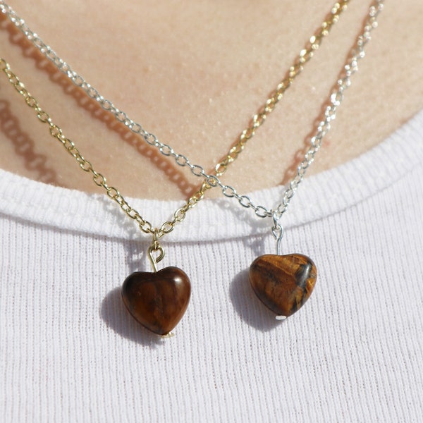 Brown Tiger Eye Heart Necklaces | Gold and Silver Brown Heart Necklaces