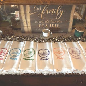 Embroidered Flour Sack Tea Towels Days of the Week, Mon., Tues., Wed., Thurs., Fri. Sat. Sun. Tea Sack Embroidered