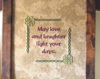 Love and Laughter Framed Embroidery, Irish Blessing Gift