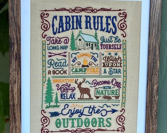 Framed Cabin Rules Embroidery, Rustic Cabin Decor