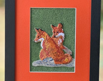 Red Fox Embroidery Art, Framed Wildlife Made in Montana