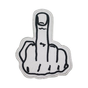 May include: White embroidered patch with a black outline of a middle finger raised in the air.